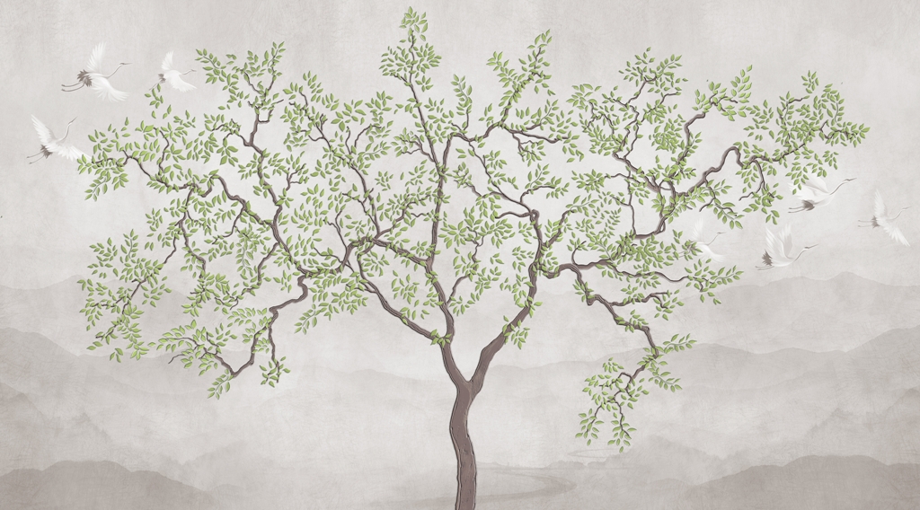 Fototapeta z japońskim motywem drzewa i odlatujących żurawi Delikatne Drzewo - zdjęcie numer 2