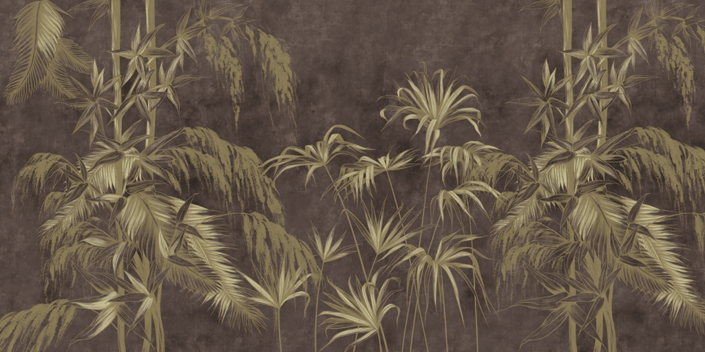 Fototapeta z zielonymi długimi liśćmi palmy na czekoladowym tle Egzotyczne Rośliny Na Ciemnym Tle do salonu - zdjęcie numer 2