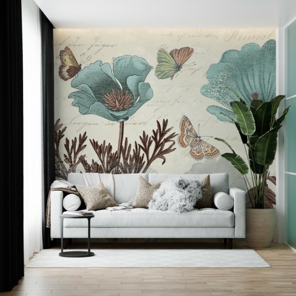 Fototapeta Niebieskie Kwiaty i Motyle