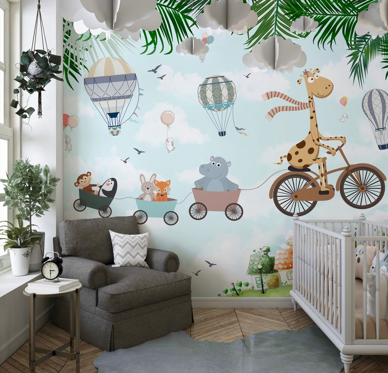 Fototapeta z wesołymi zwierzątkami wśród chmur Podniebny Pociąg dla dzieci - główne zdjęcie produktu