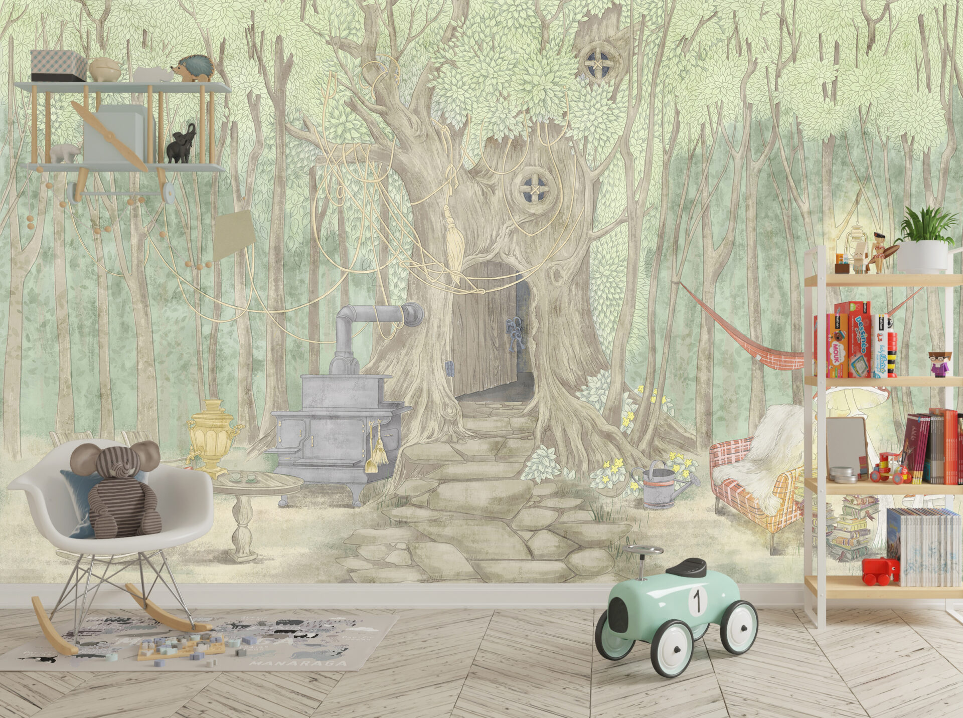 Fototapeta z bajkowym motywem leśnym w delikatnych kolorach Leśny Domek dla dzieci - główne zdjęcie produktu