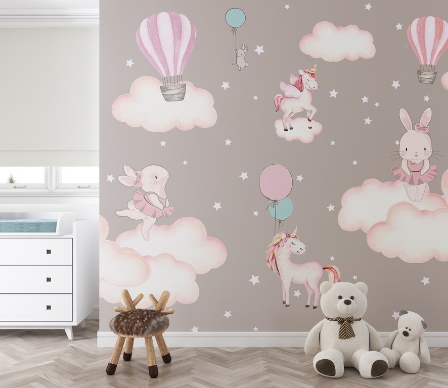 Fototapeta w delikatnych wesołych barwach Różowe Króliczki i Jednorożce - główne zdjęcie produktu