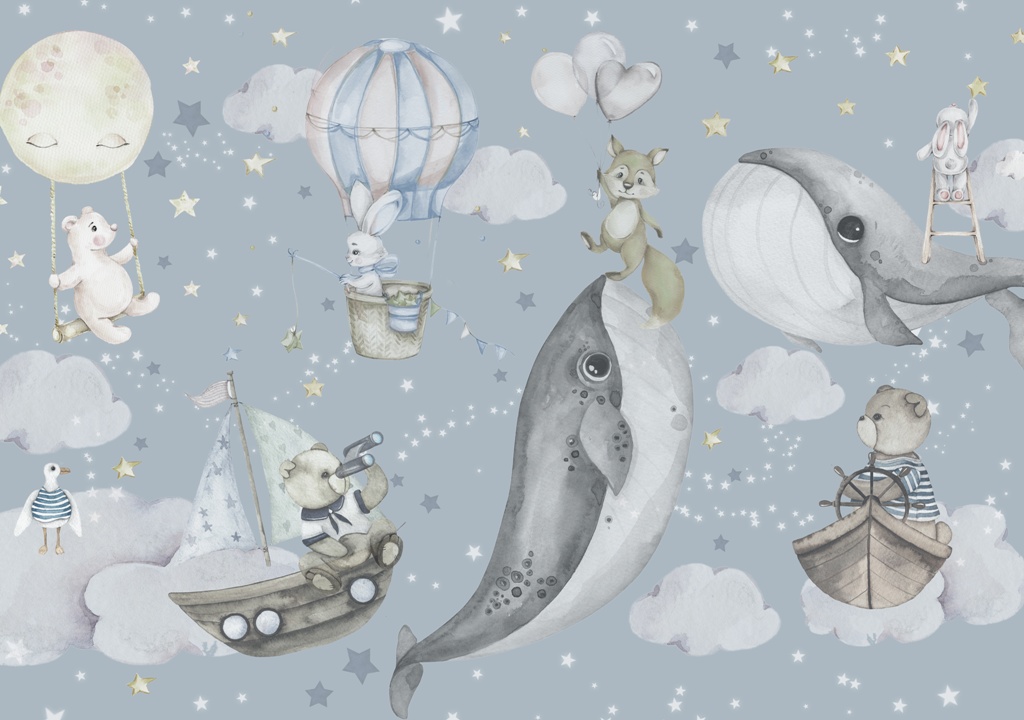 Fototapeta-Wieloryby-w-Chmurach_479740466 Ilustrație murală în nuanțe de albastru Balene în nori pentru copii - imaginea numărul 2