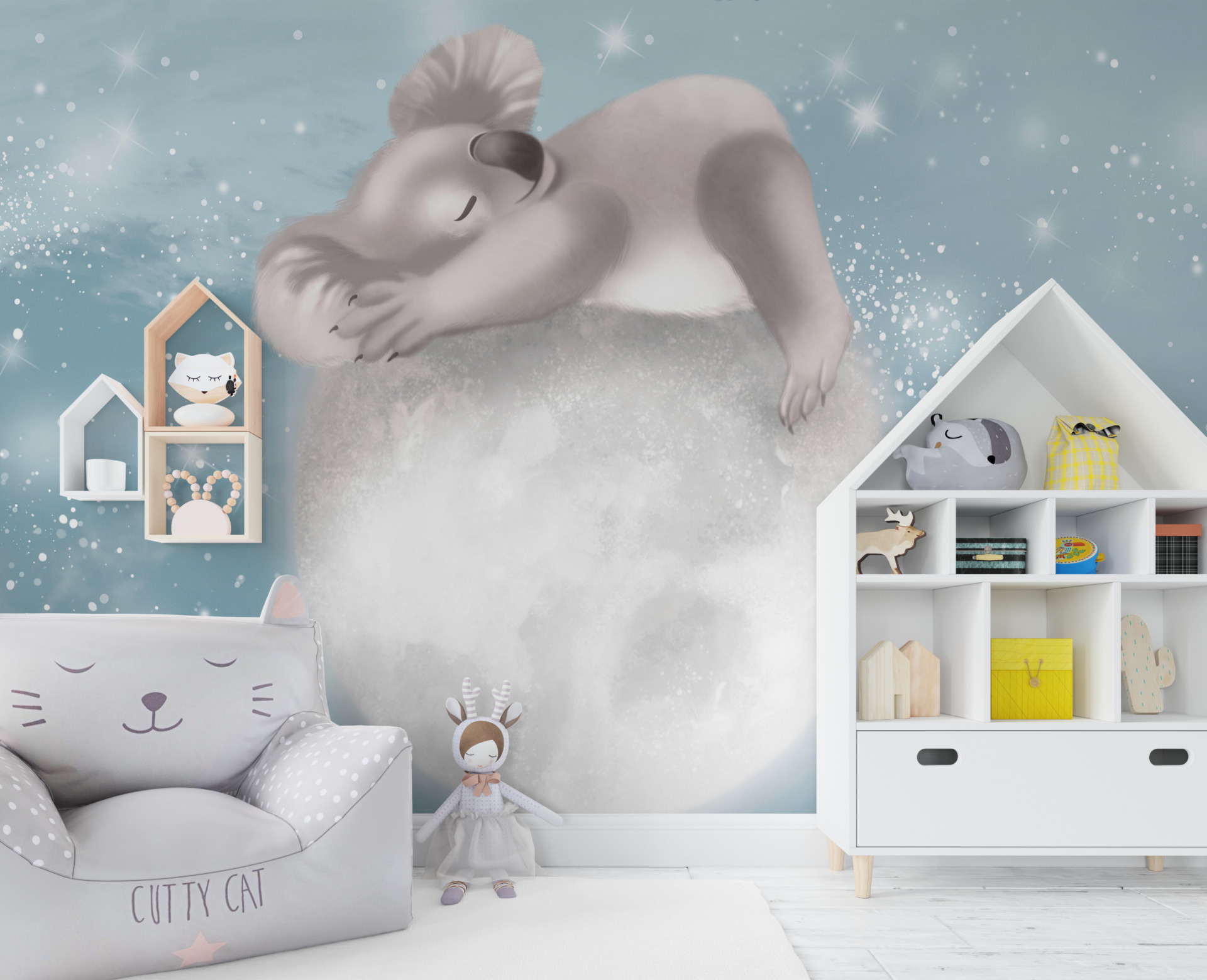 Fototapeta z baśniową ilustracją w stonowanej kolorystyce Koala Na Księżycu do pokoju dziecięcego - główne zdjęcie produktu