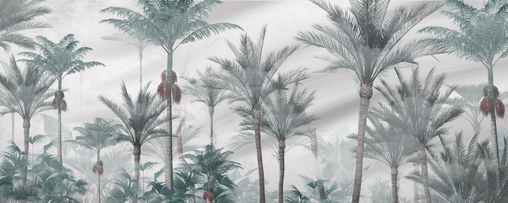 Mural Brumă deasupra pădurii de palmieri_2197764413' Pictura murală de palmieri de cocos în ceață gri peste pădurea de palmieri - imaginea numărul 2