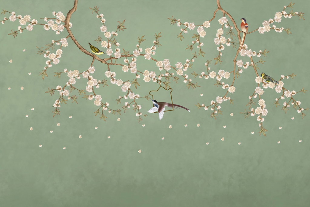 Fototapeta w eleganckich odcieniach zieleni z motywem azjatyckim Ptaki w Kwiatach Wiśni - zdjęcie numer 2