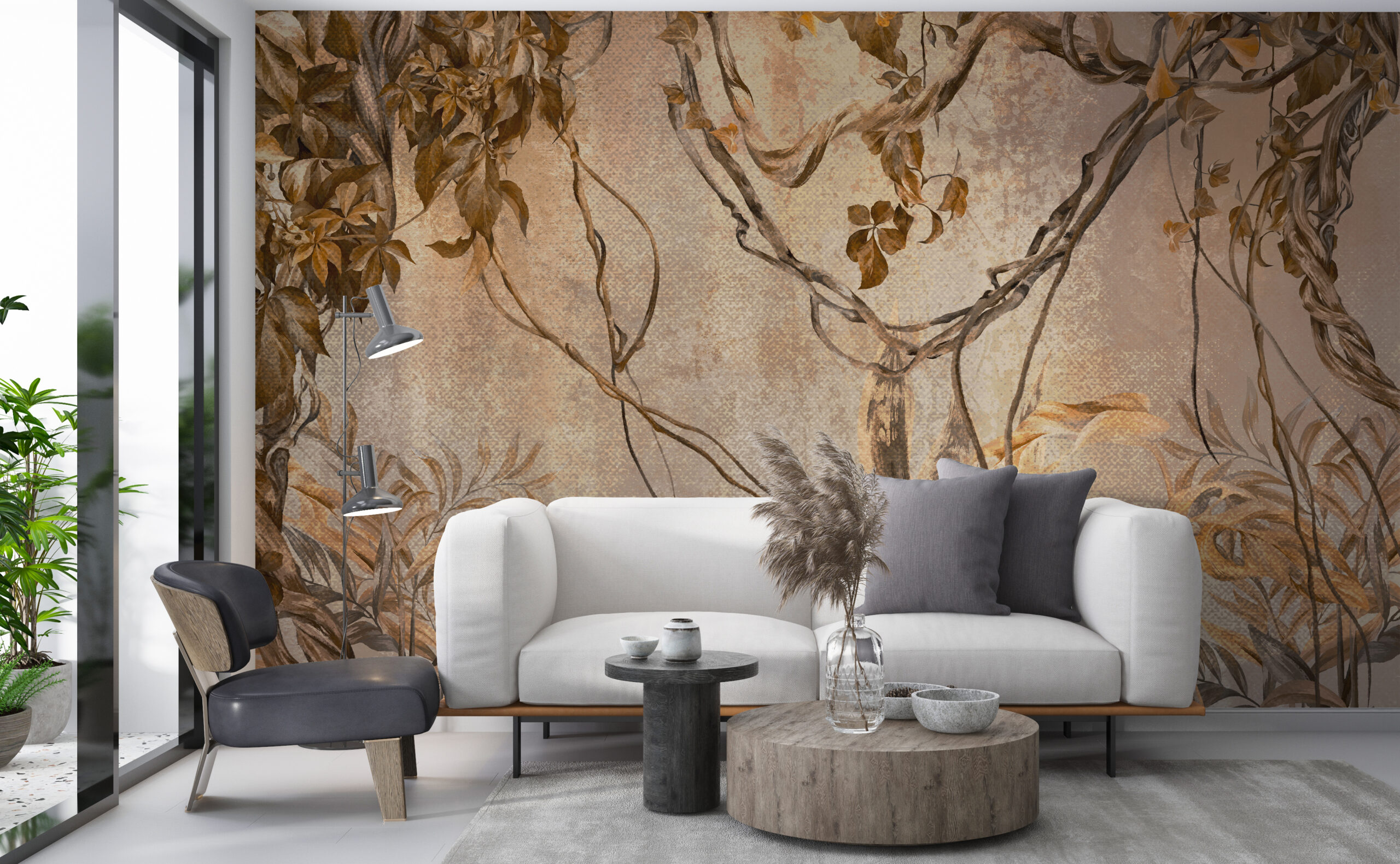 Fototapeta wnosząca na ścianę motyw tropikalnej roślinności w ciepłych stonowanych kolorach Egzotyczne Pnącza - główne zdjęcie produktu