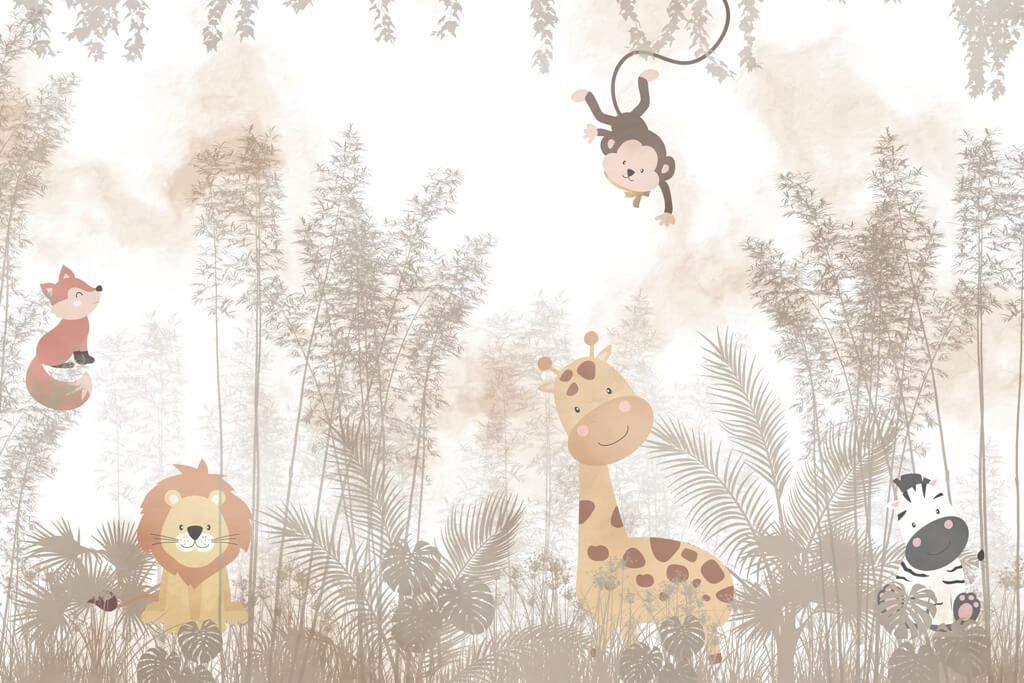 Fototapeta w delikatnych kolorach z wesołym motywem zwierzęcym dla dzieci Uśmiechnięte Zwierzątka - zdjęcie numer 2