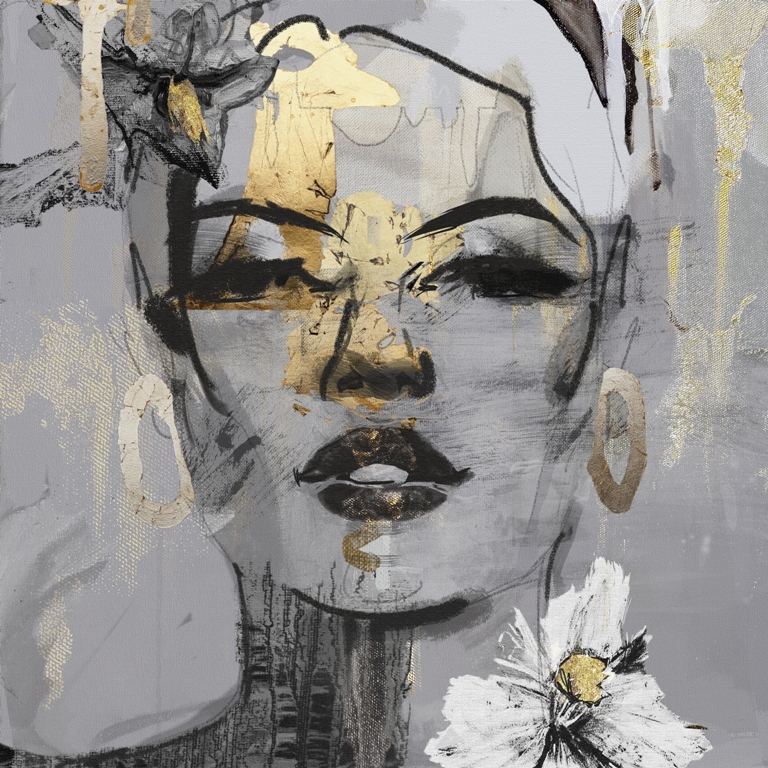 Fototapeta w nowoczesnym stylu w szarości i złocie do salonu Złota Dziewczyna Na Płótnie - główne zdjęcie produktu