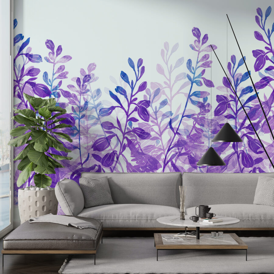 Murale avec des plantes sauvages dans des tons forts sur un fond clair Plantes violettes - image principale du produit