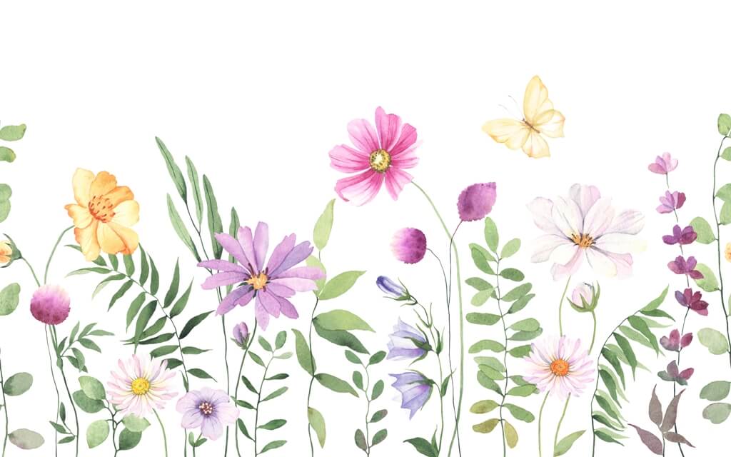 Väggmålning 'Blommor på +ü¦ůce_1997824142' Fototapet med skira vilda blommor och fjärilar mot en ljus bakgrund Blommor på ängen - bild nummer 2