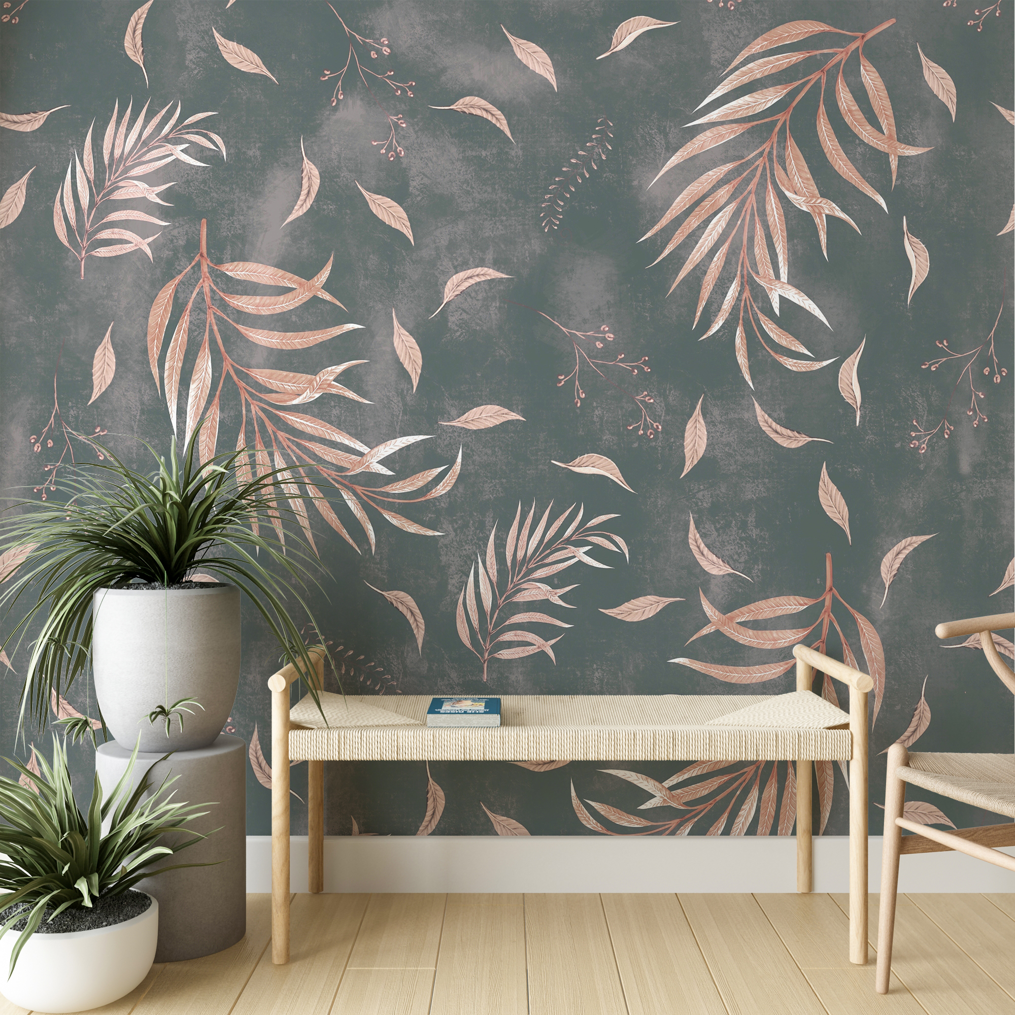 Fototapete in Rosa- und Grautönen mit exotischem Motiv Flying Leaves - Hauptproduktbild