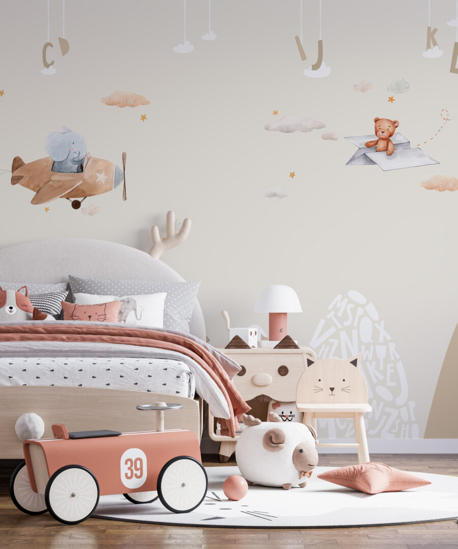 Papier peint photographique idéal pour une chambre d'enfant aux couleurs pastel Vol au-dessus des montagnes - image principale du produit