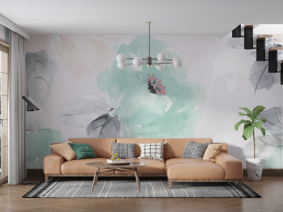 Papier peint mural imitant une peinture dans des couleurs douces et légères Blue Flowers - image principale du produit