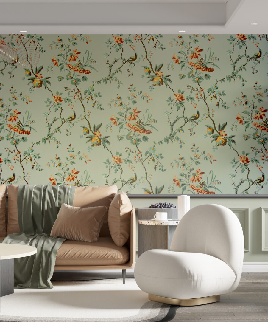 Fototapete im Vintage-Stil mit klassischem Blumenmotiv auf pistazienfarbenem Hintergrund Orange Blumen - Hauptproduktbild