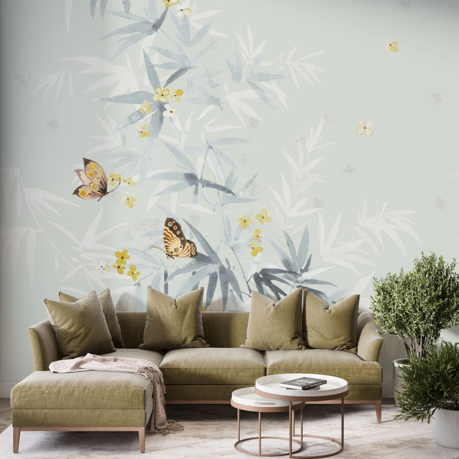 Murale avec motif floral subtil en bleu Trois papillons - image principale du produit