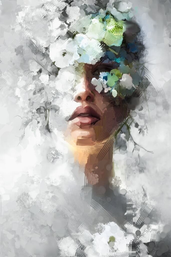 Wandgemälde Gesicht in Blumen_2270910965'' Fototapete mit dem Gesicht einer Frau, drapiert in zarten Blumen Gesicht in Blumen - Bild Nummer 2