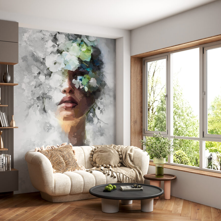 Wandbild mit dem Gesicht einer Frau, das in zarte Blumen gehüllt ist Gesicht in Blumen - Hauptproduktbild