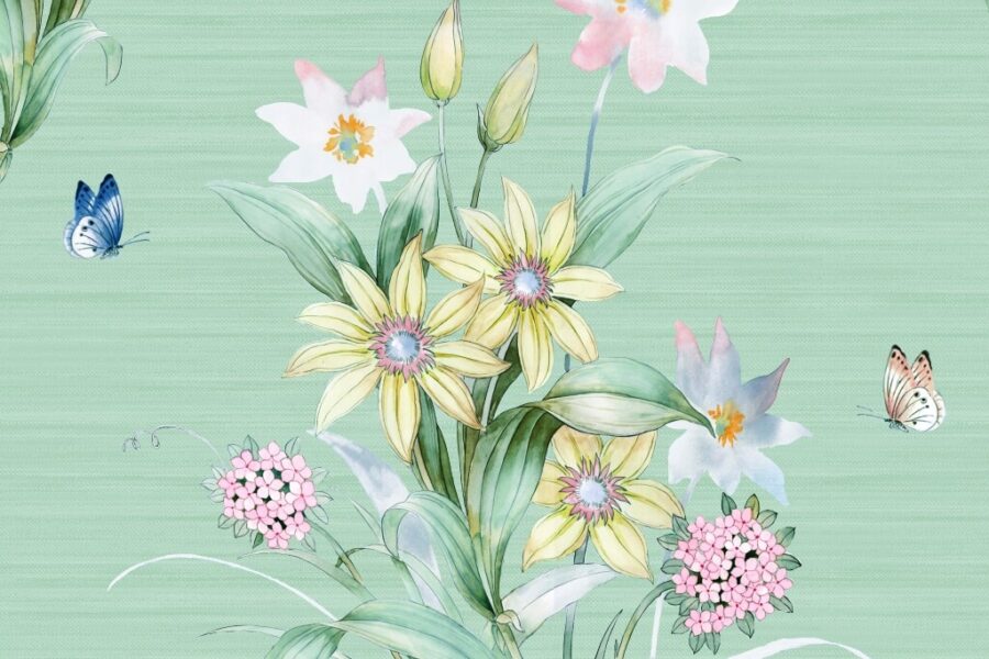 Fototapete mit zarten Blumen auf einem Seladon-Hintergrund Happy Bouquet - Bild Nummer 2
