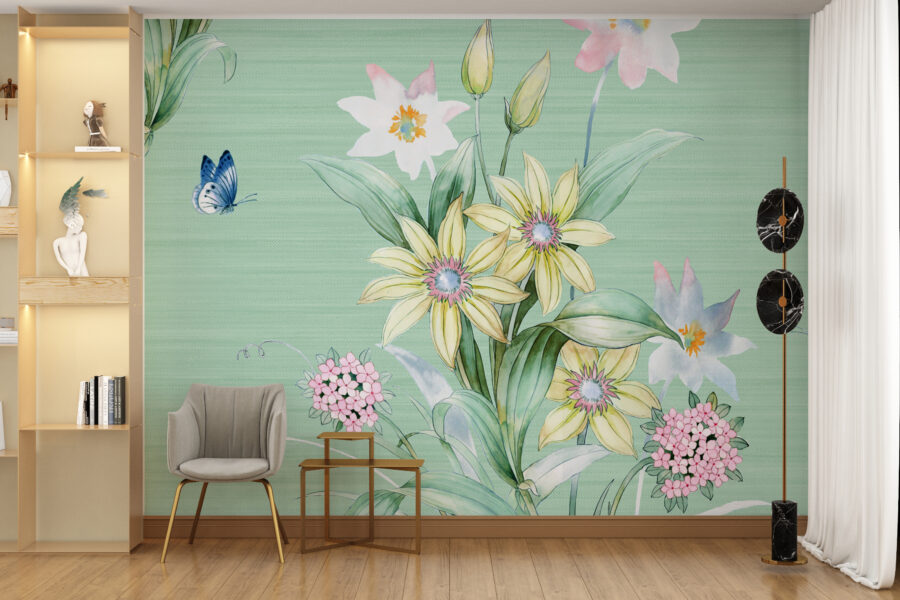 Fototapete mit zarten Blumen auf einem Celadon Hintergrund Merry Bouquet - Hauptproduktbild