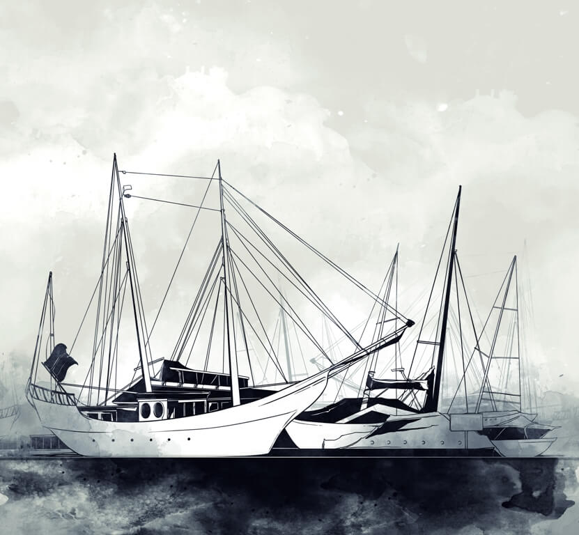 Fototapet +¬Segelbåtar i hamnen_434207872' Fototapeta z akcentem morskim w ponadczasowych odcieniach bieli i czerni Żaglowce w Porcie - zdjęcie numer 2