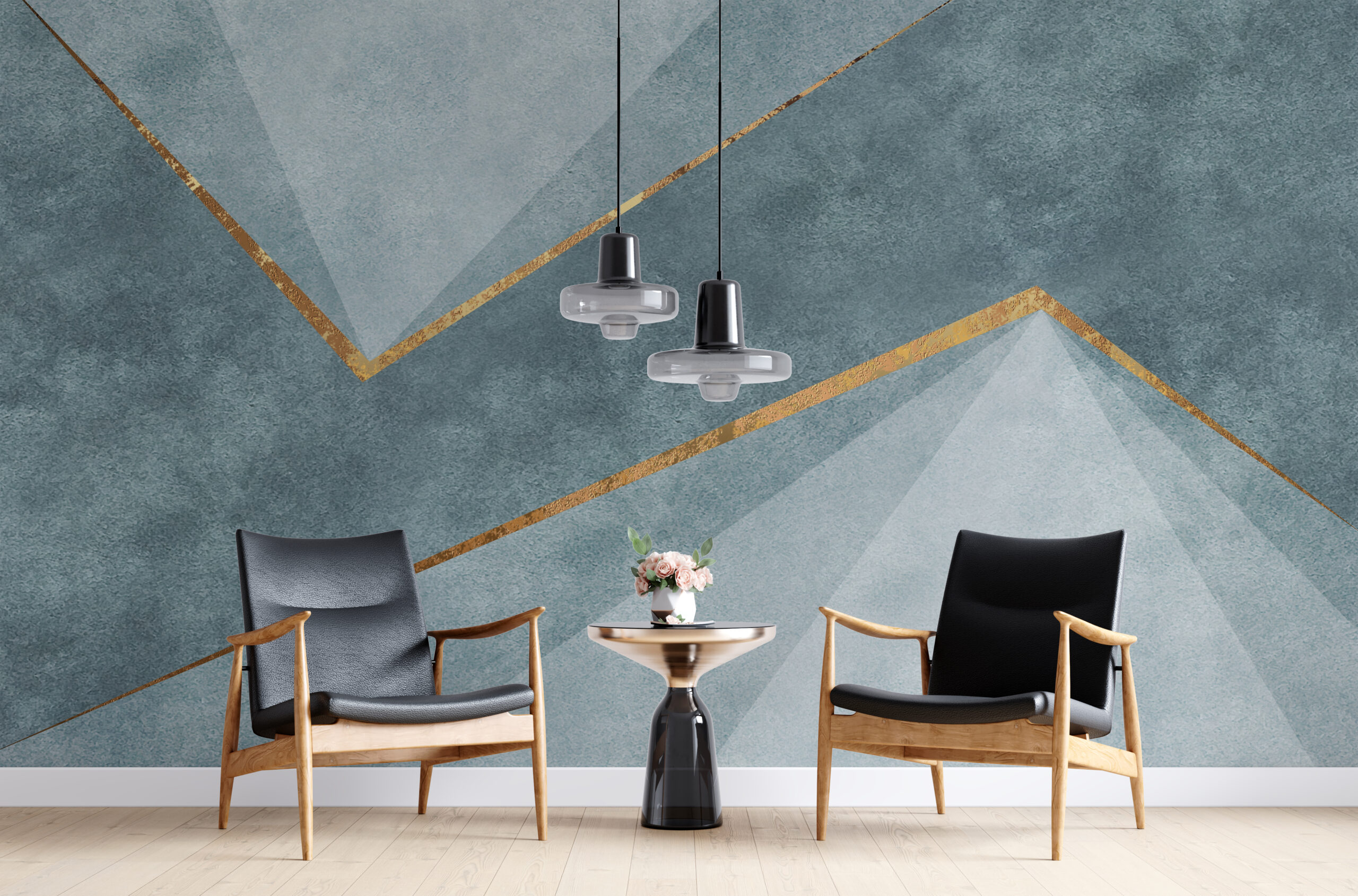 Fototapeta w ciekawych stalowych odcieniach z domieszką błękitu i motywem złotej kreski w nowoczesnej odsłonie 3D Krzywe Linie - główne zdjęcie produktu