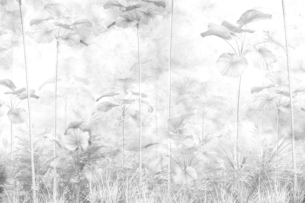 Fototapeta w szarościach z wysokimi tropikalnymi drzewami stanowiąca idealne tło do każdego wnętrza Palmy Do Nieba - zdjęcie numer 2