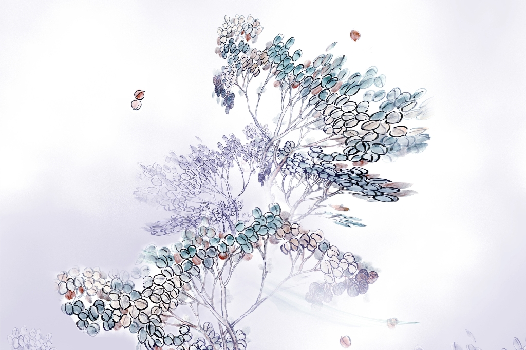 Fototapeta w postaci nowoczesnej grafiki z delikatnym motywem w stonowanych kolorach Piętrowe Drzewo - zdjęcie numer 2