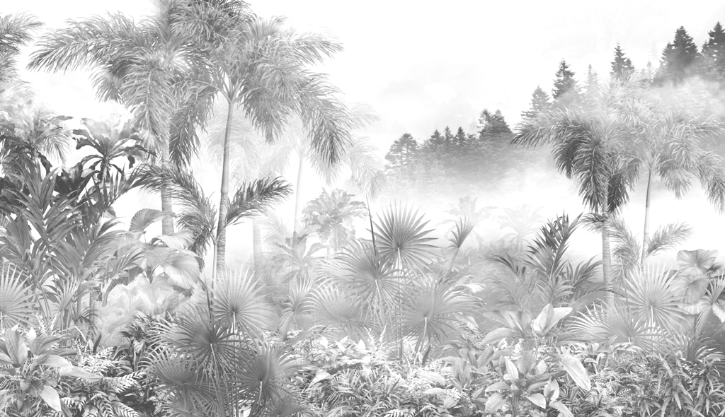 copaci tropicali și frunze în pădure cețoasă design tapet de fundal - ilustrare 3D Pictură murală de perete cu un motiv universal de junglă tropicală în culori monocromatice, ideală pentru camera de zi sau sufragerie Jungle white - foto 2