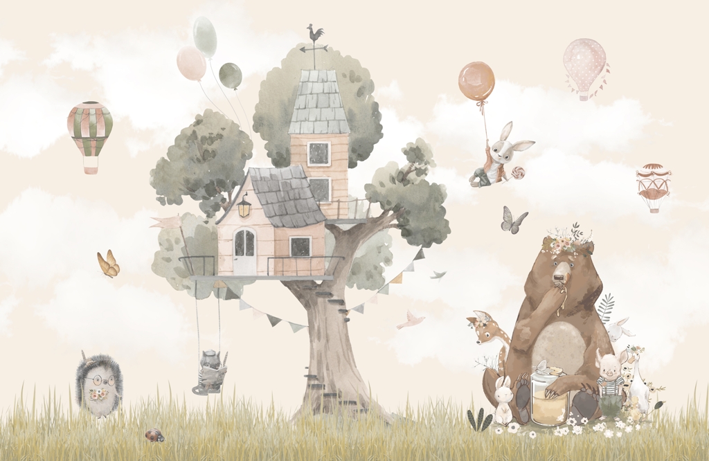 Mural Tree House pentru copii_2075520277' Pictură murală de perete sub forma unei ilustrații a unei scene de basm în culori potrivite pentru o cameră de copii Tree House For Kids - imaginea numărul 2
