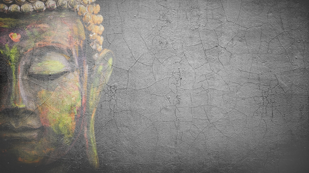 Fototapeta Młody Budda_2184318355' Fototapeta w stylu nowoczesnym z fragmentem twarzy na szarym betonowym tle Młody Budda - zdjęcie numer 2