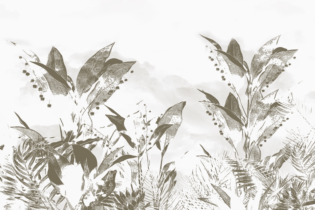 Fototapeta w rożnych odcieniach szarości z motywem liści ukrytych pod warstwą farby Rośliny Słabo Widoczne - zdjęcie numer 2