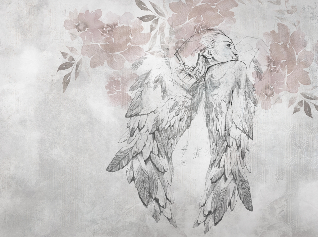 Fototapeta w formie prostego rysunku z twarzą kobiety ze skrzydłami, delikatne barwy idealne do nowoczesnego wnętrza Kobieta Anioł - zdjęcie numer 2