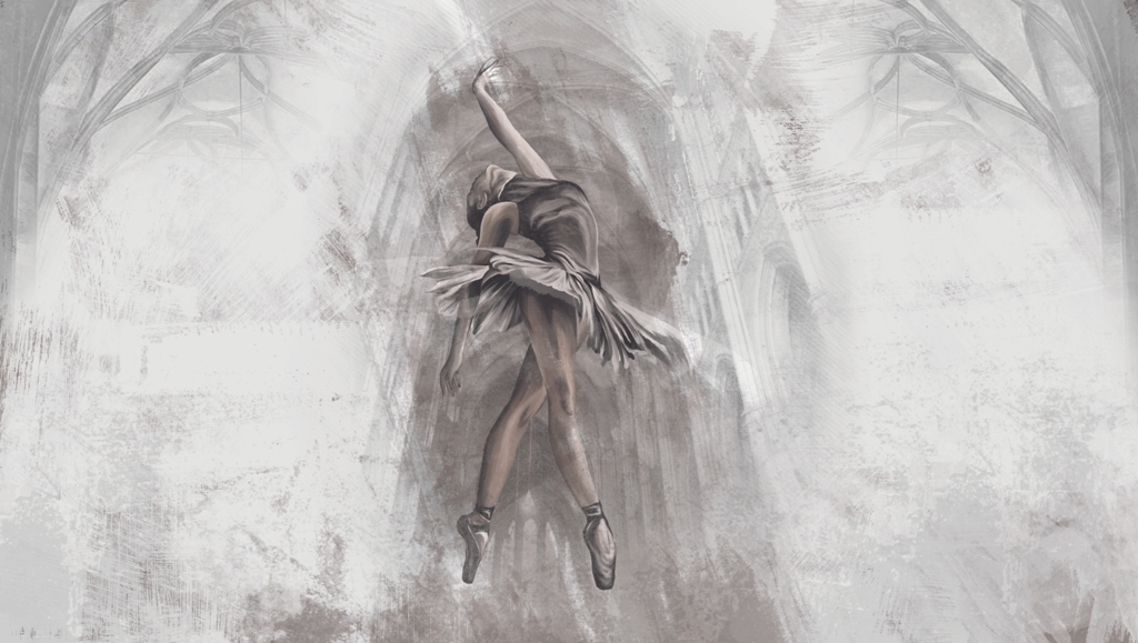 Sienų tapyba Balerina šokyje_2115444644' Pilkos ir prislopintos rožinės spalvos sieninė tapyba klasikinio šokio mėgėjams "Ballerina in Dance" - vaizdas Nr. 2