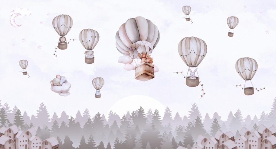 Fototapeta w ciepłych stonowanych kolorach z wesołą grafiką misiów latających po niebie Balony Nad Lasem - zdjęcie numer 2