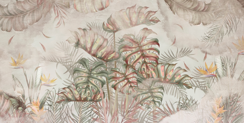 Buchet mural de frunze de Monstera _229183333623' Fototapeta z motywem popularnych tropikalnych liści w ciepłych kolorach Bukiet Liści Monstery - zdjęcie numer 2