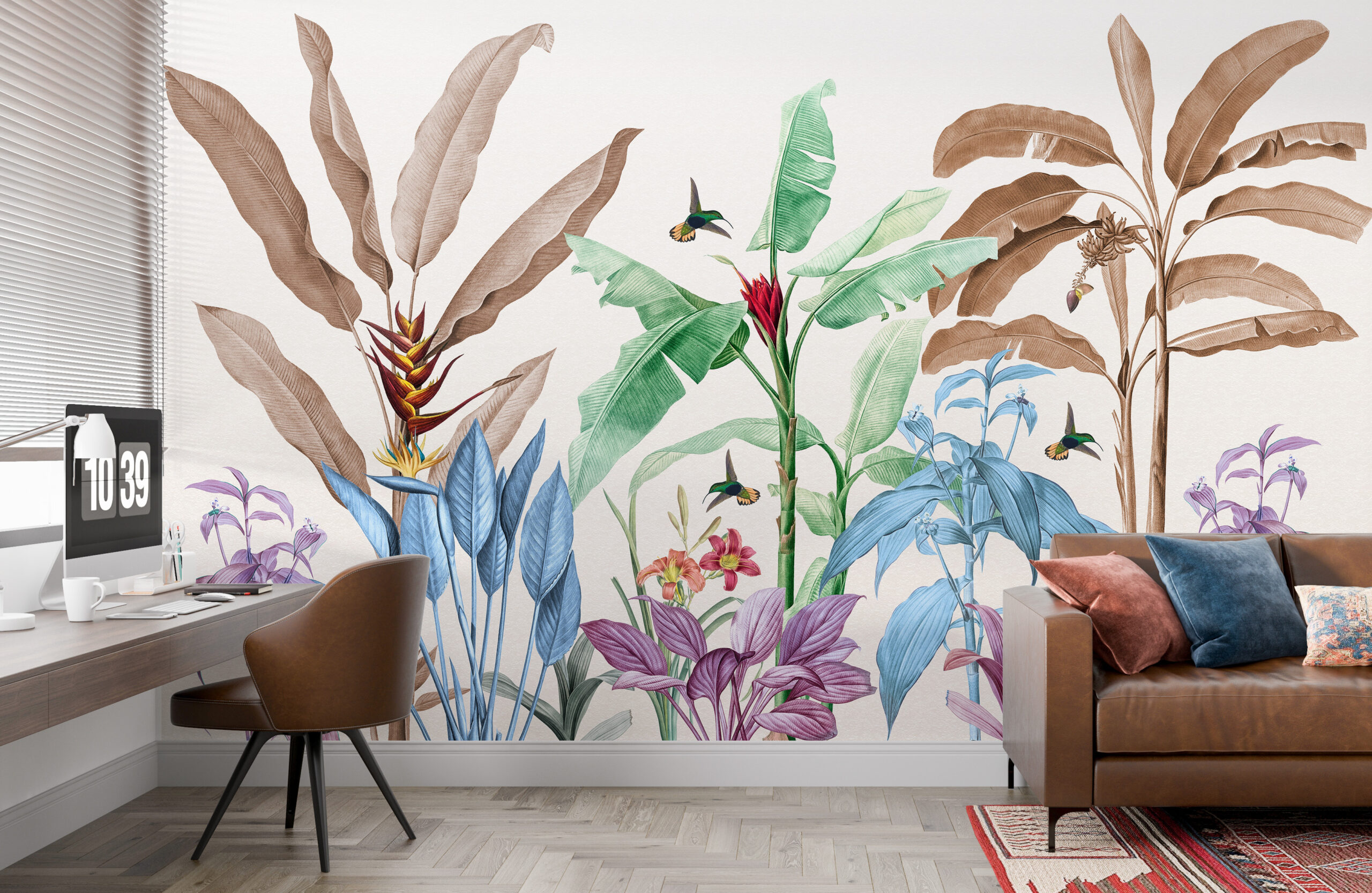 Fototapeta z egzotycznymi liśćmi i ptakami na jasnym tle, wesoła i żywa Kolorowe Liście Tropikalne - główne zdjęcie produktu