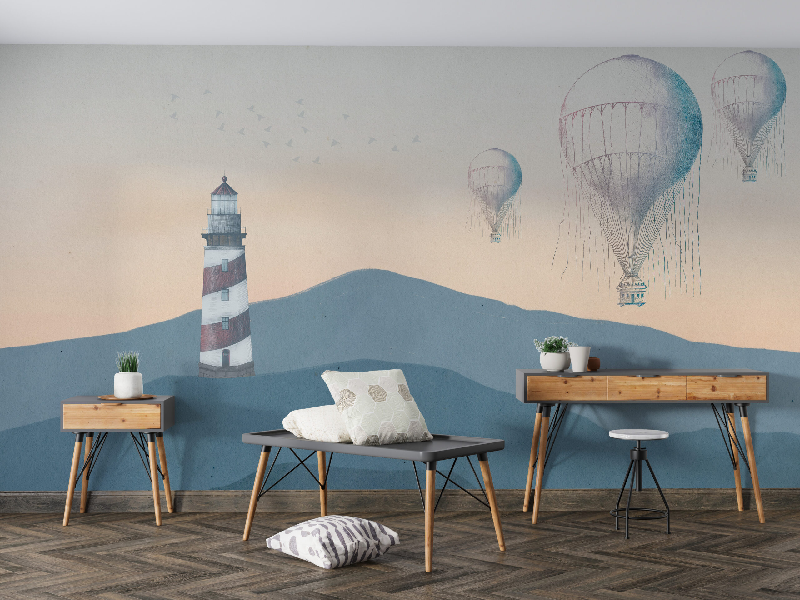 Fototapeta w stylu morskim z balonami w locie i latarnią w stonowanych barwach Latarnia Morska - główne zdjęcie produktu