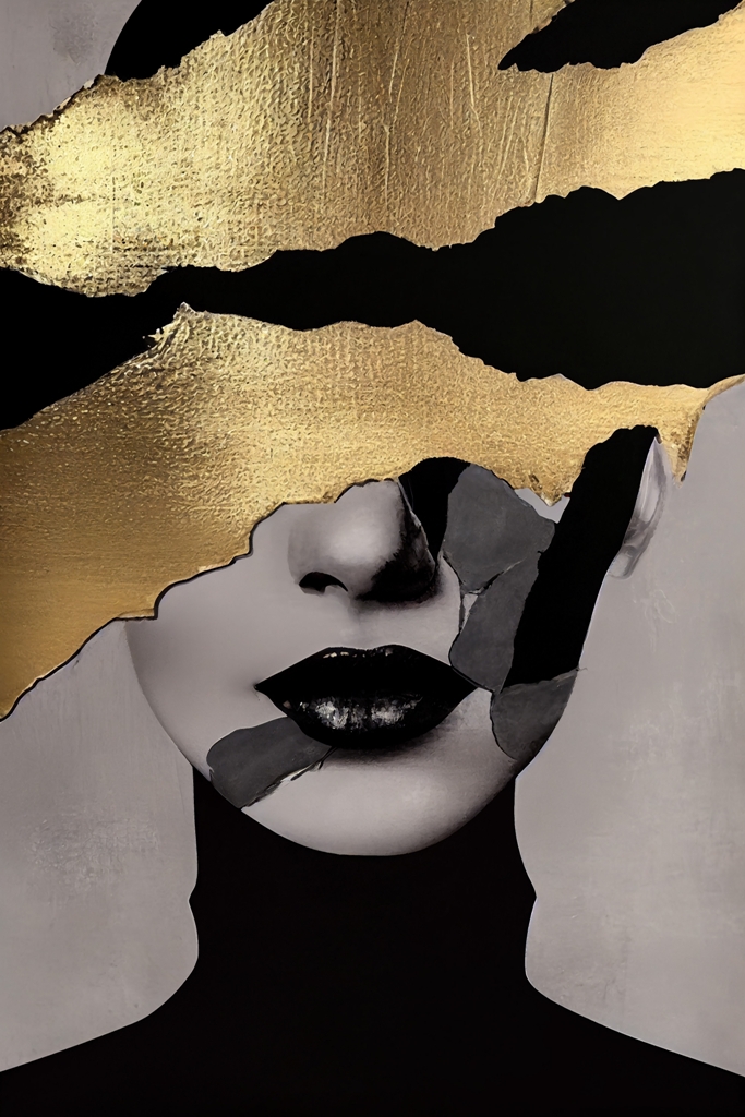 Fototapeta w czerni, szarości i złocie, twarz kobiety w nowoczesnej wersji Zasłonięta Złotem - zdjęcie numer 2