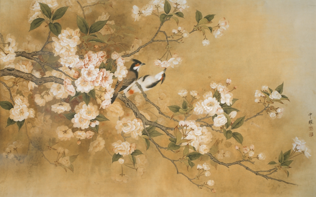 Fototapeta w stylu azjatyckim z gałązką kwitnącego drzewa i ukrytych w niej ptaków W Kwitnącej Wiśni - zdjęcie numer 2