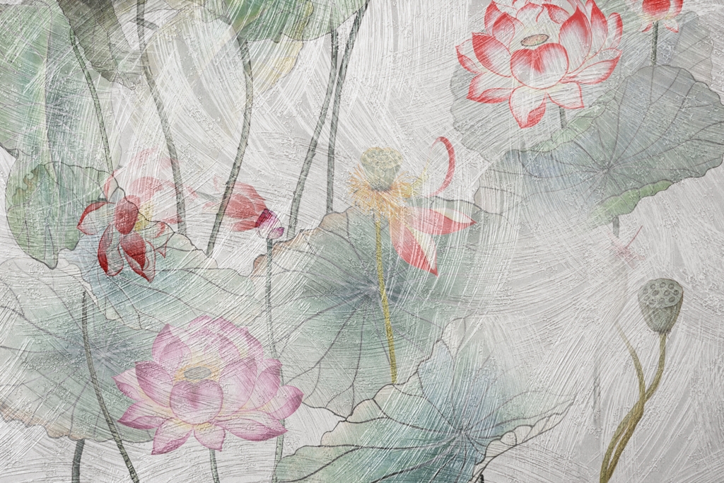 Fototapeta w szarości i delikatnym różu, elegancka i subtelna Zamalowane Lilie Wodne - zdjęcie numer 2