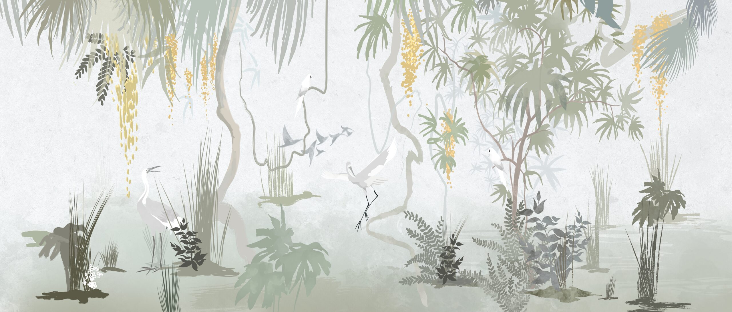 Minimalistische,Chinese,Tekening,,Fresco,,Bomen,,Vogels,,Papegaaien,,Muurschildering,,Wallpapers