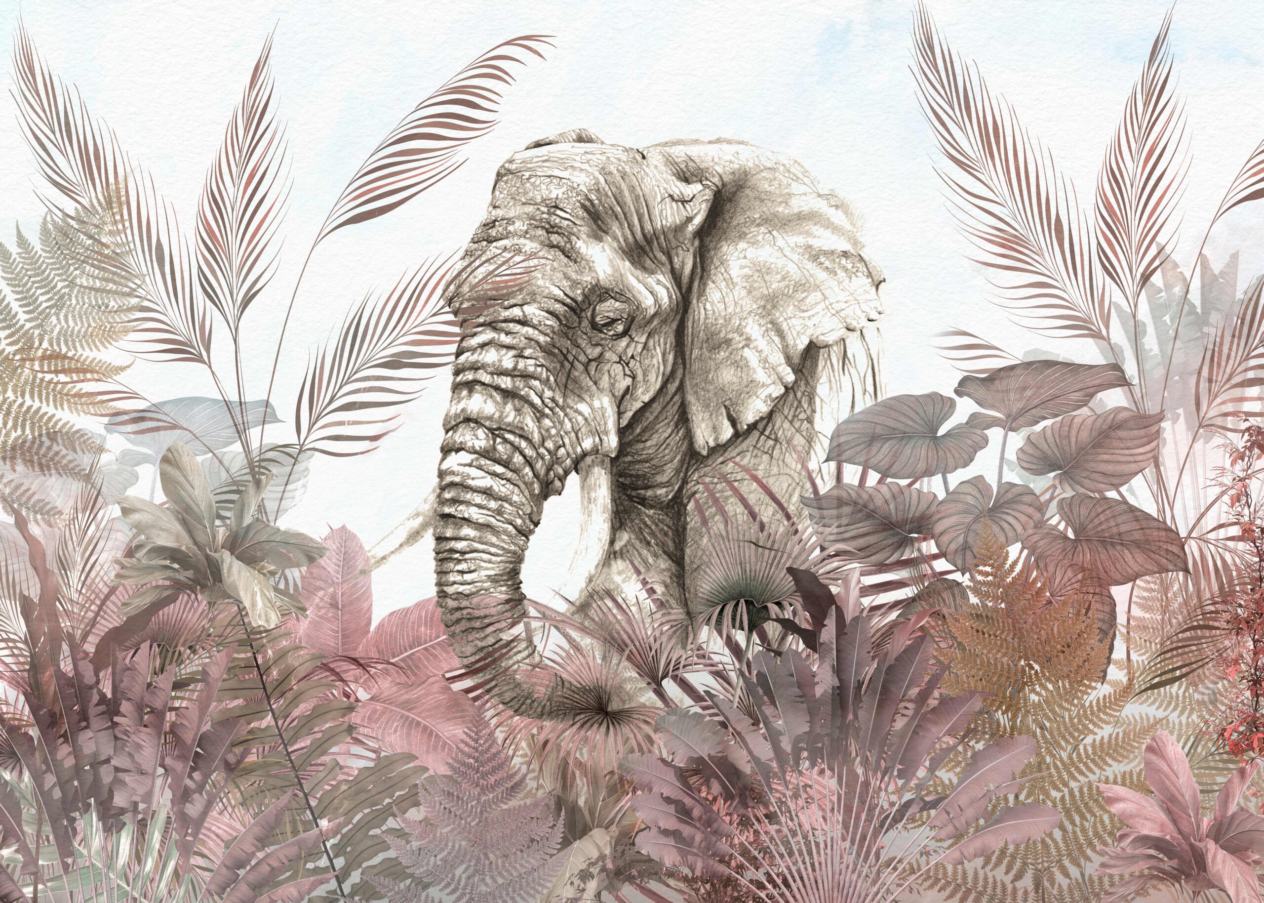 A, Mare, Elefant, Mural, Design, Printre, Frunze.roz, Culoare, Tonuri