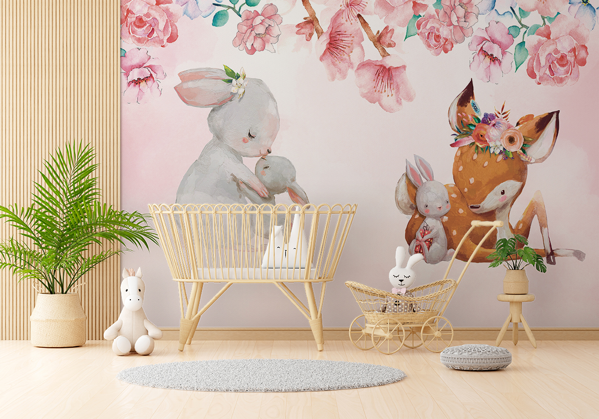 Wandgemälde mit einem Rothirsch und einem Osterhasen