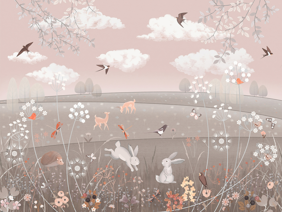 Pink,Landscape,Kids,Room,Illustration,,Wall,Mural,,Deer,,Bunny,,Birds,