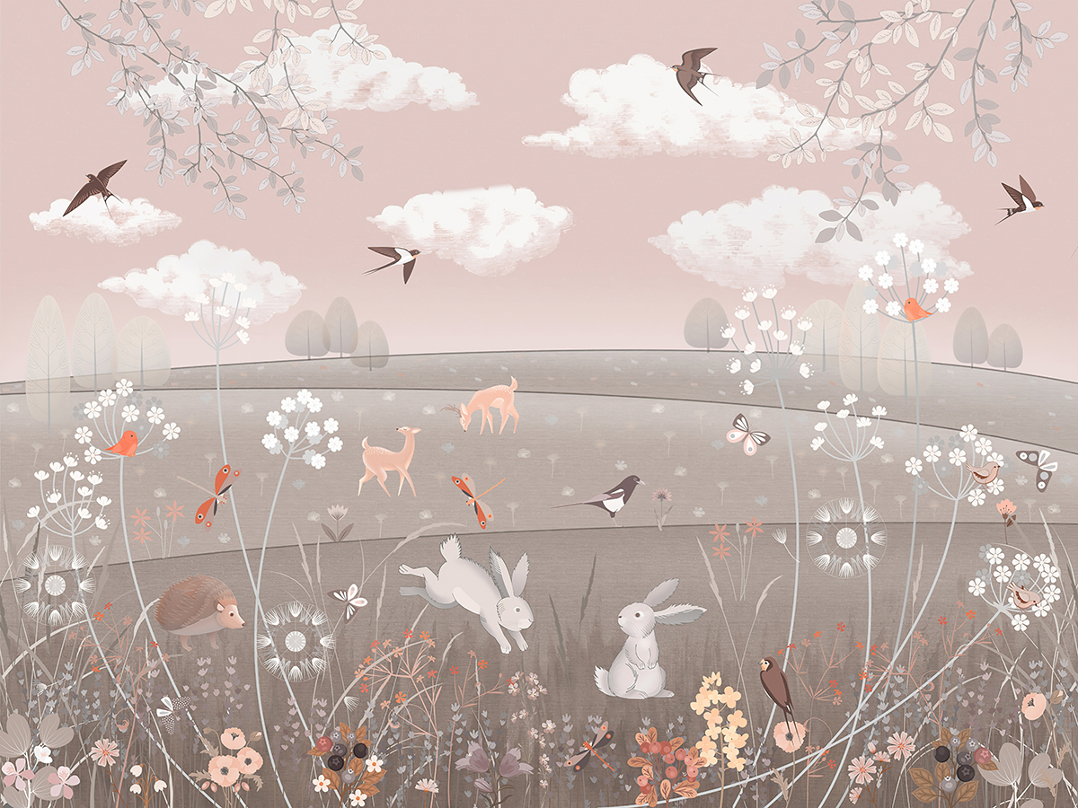 Pink,Landscape,Kids,Room,Illustration,,Wall,Mural,,Deer,,Bunny,,Birds,