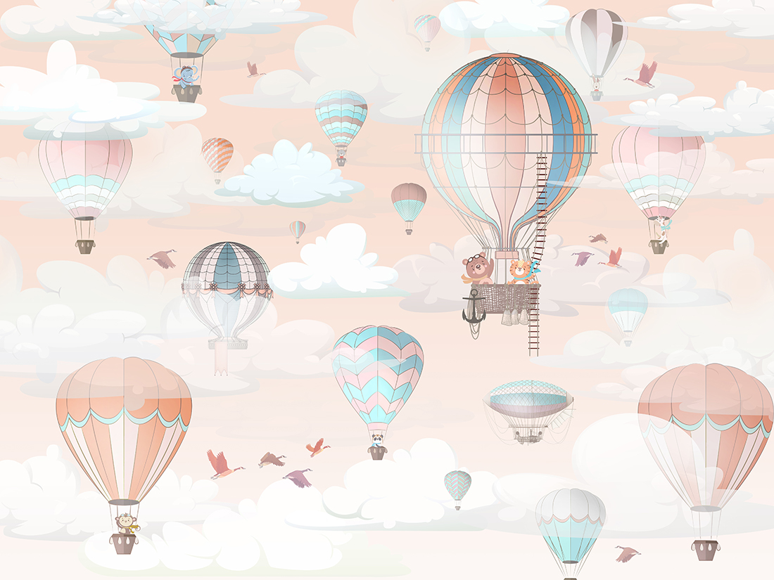 Soft,Pink,Hot,Air,Balloons,Wallpaper,Mural,For,Kids,,Clouds,