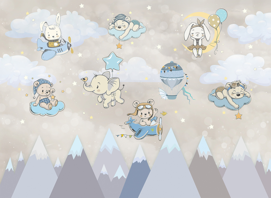 Cute,Animals,,Clouds,,Mountains,,Wallpaper,Mural,,Kids,Room,Decor,,Bunny,