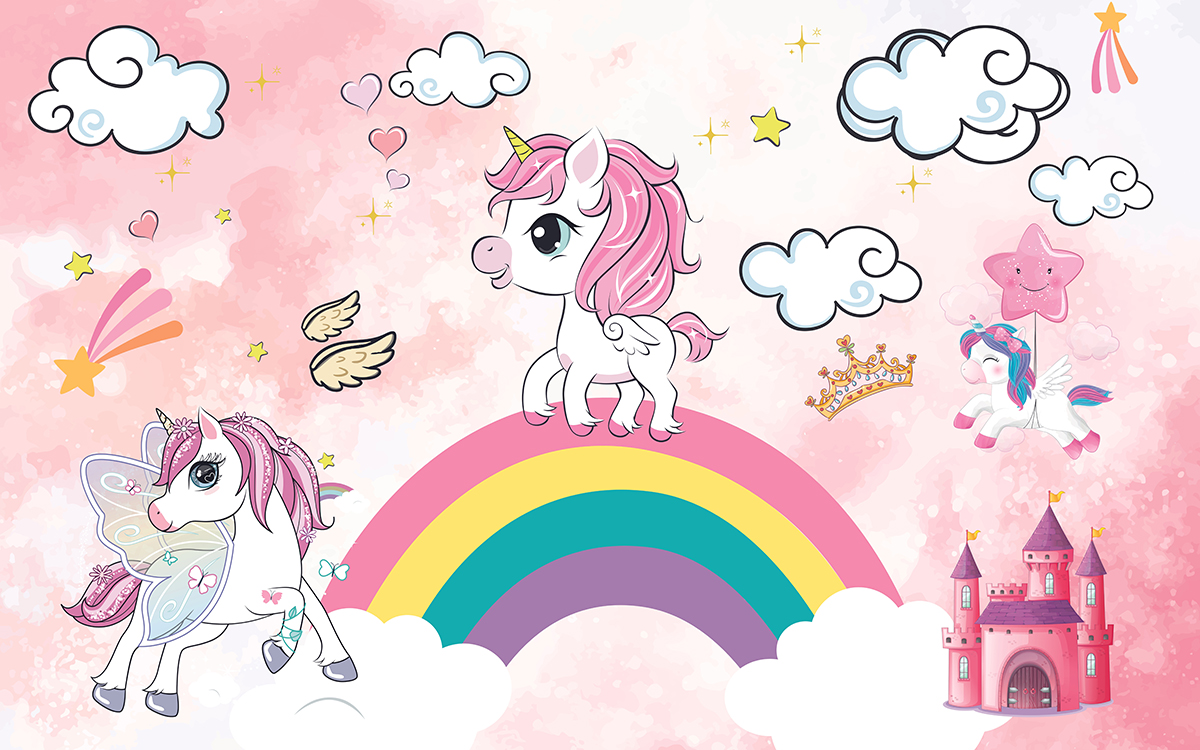 Cute,Unicorns,Rainbow,And,Castle,Custom,Design,Wallpaper,Pink,Background