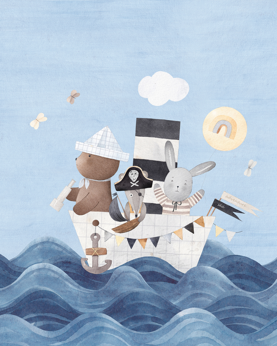 Cute,Animals,On,A,Paper,Boat.,Sea,Voyage,Of,Friends.